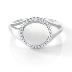 14k white gold round signet ring with diamond pavé halo border