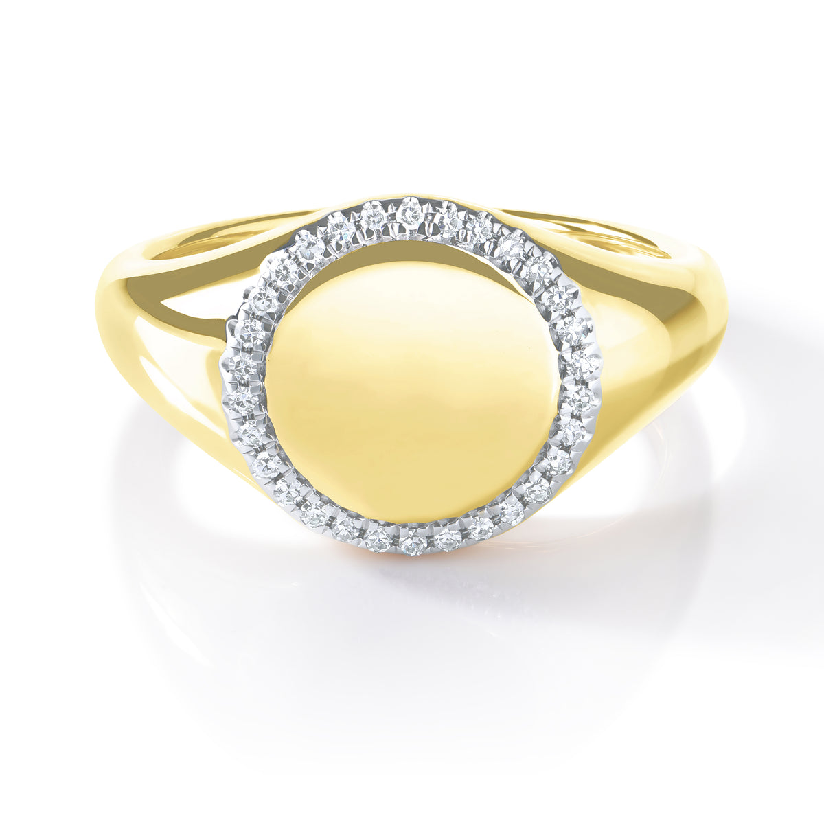 14k yellow gold round signet ring with diamond pavé halo border