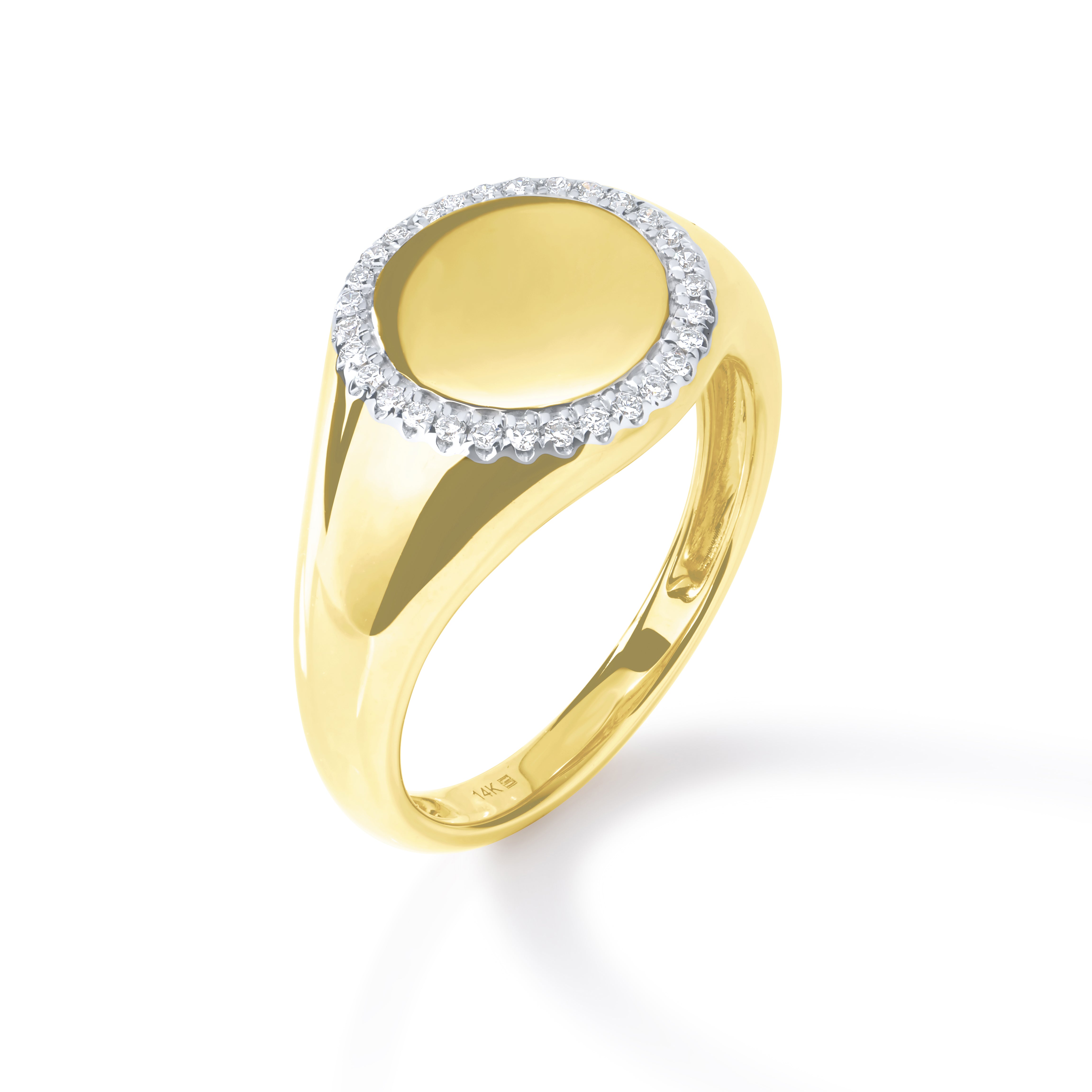 yellow gold signet ring with round face and diamond halo