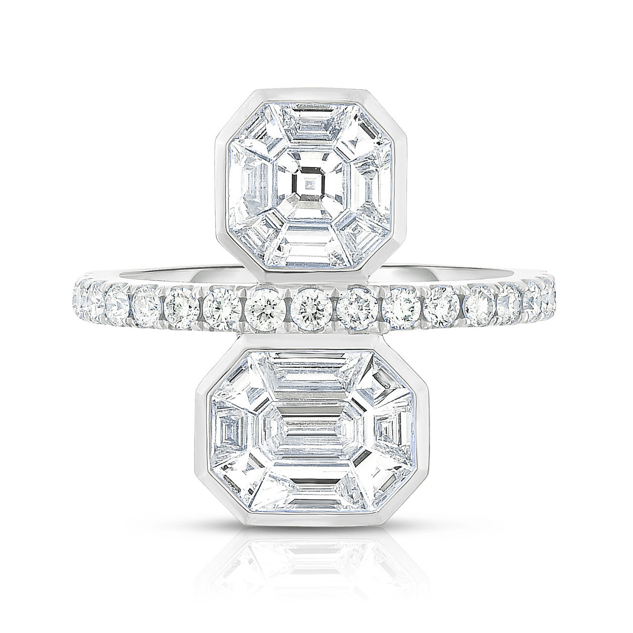 Asscher and Emerald Diamond Illusion Statement Ring, 14k white gold - URBAETIS Fine Jewelry