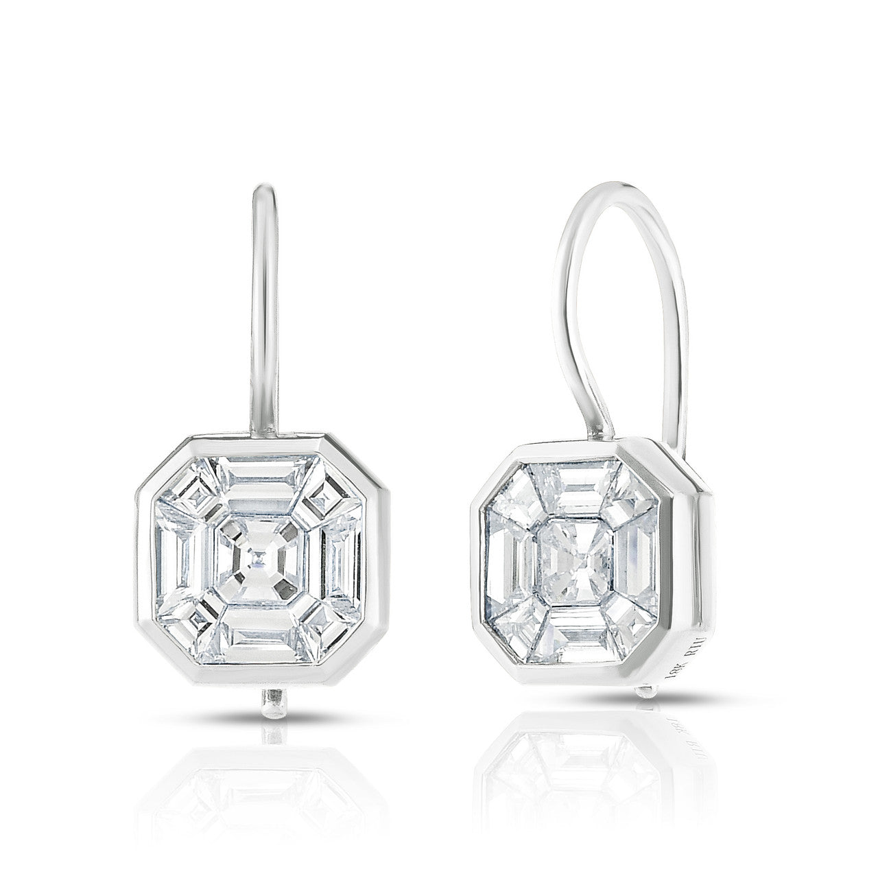 Asscher Diamond Illusion Bezel Set Drop Earrings, 14k white  gold- URBAETIS Fine Jewelry