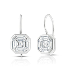 Asscher Diamond Illusion Bezel Set Drop Earrings, 14k white  gold- URBAETIS Fine Jewelry