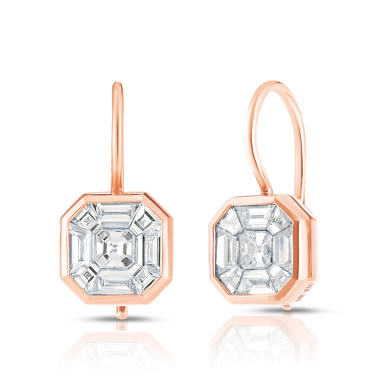 Asscher Diamond Illusion Bezel Set Drop Earrings, 14k rose  gold- URBAETIS Fine Jewelry