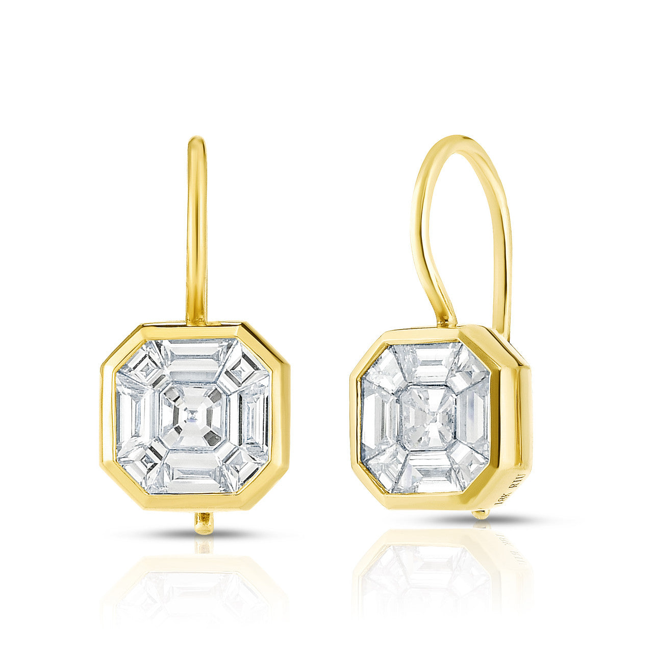 Asscher Diamond Illusion Bezel Set Drop Earrings, 14k yellow gold- URBAETIS Fine Jewelry