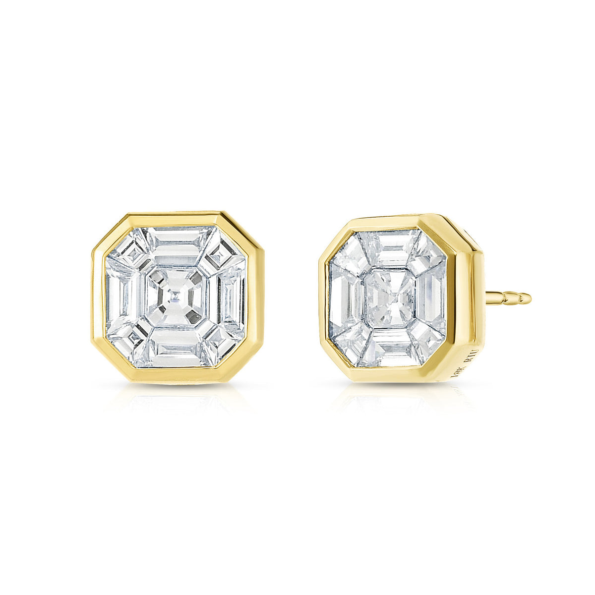 Asscher Diamond Illusion Studs, 14k yellow gold - URBAETIS Fine Jewelry