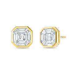 Asscher Diamond Illusion Studs, 14k yellow gold - URBAETIS Fine Jewelry