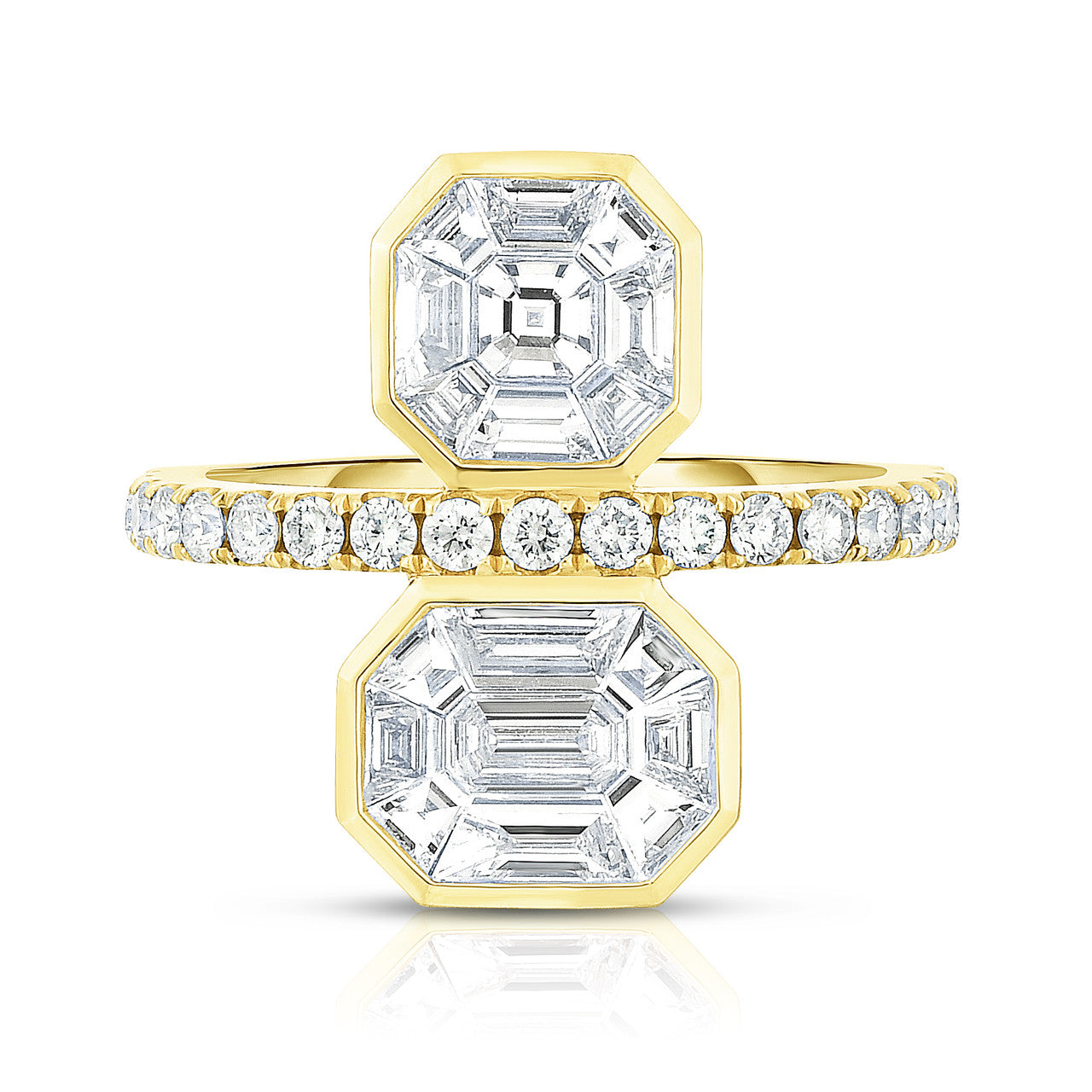 Asscher and Emerald Diamond Illusion Statement Ring, 14k yellow gold - URBAETIS Fine Jewelry