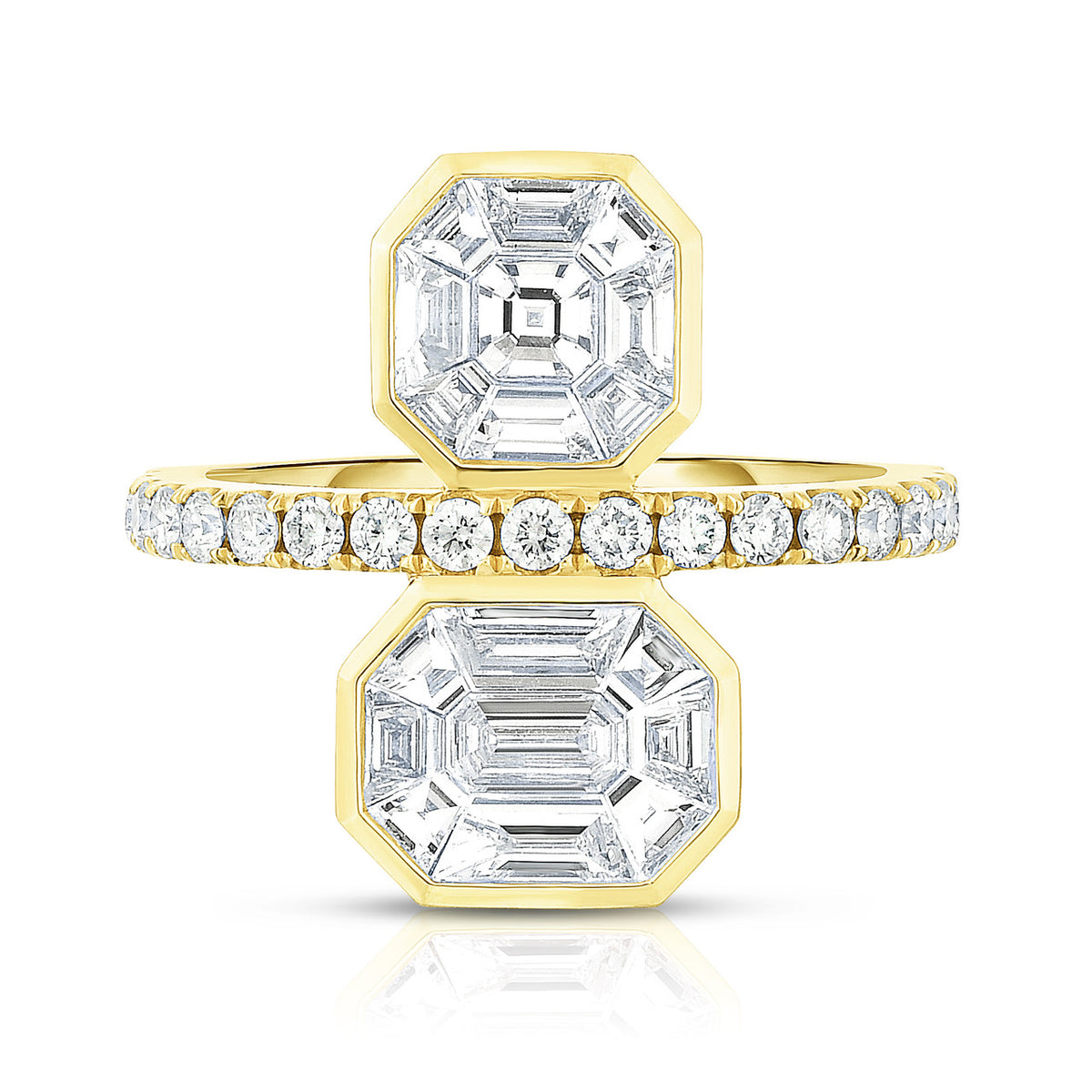 Asscher and Emerald Diamond Illusion Statement Ring, 14k yellow gold - URBAETIS Fine Jewelry
