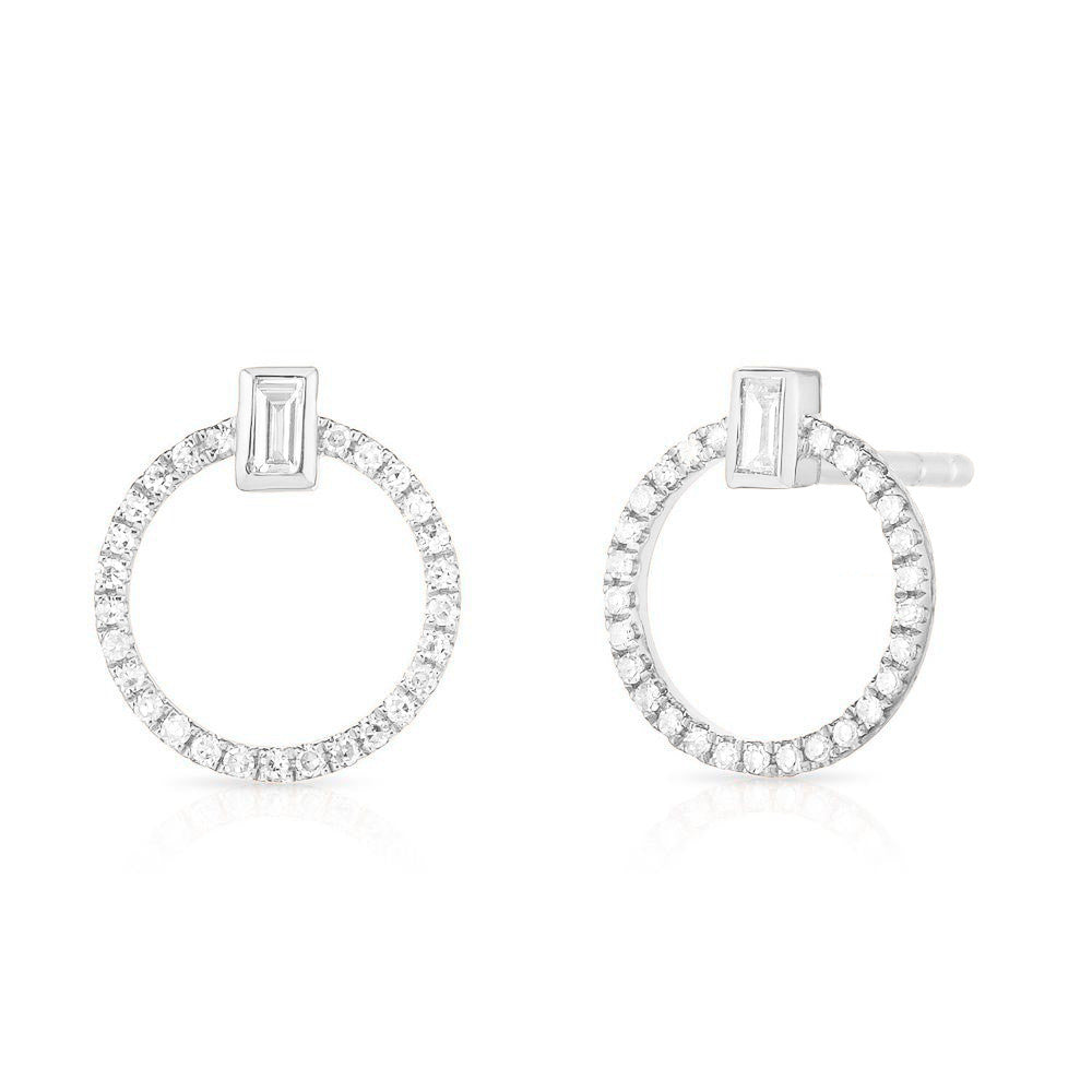 Baguette Diamond and Circle Stud, 14k white gold - Urbaetis Fine Jewelry