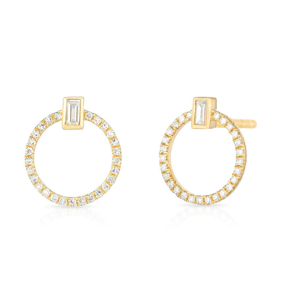 Baguette Diamond and Circle Stud, 14k yellow gold - Urbaetis Fine Jewelry