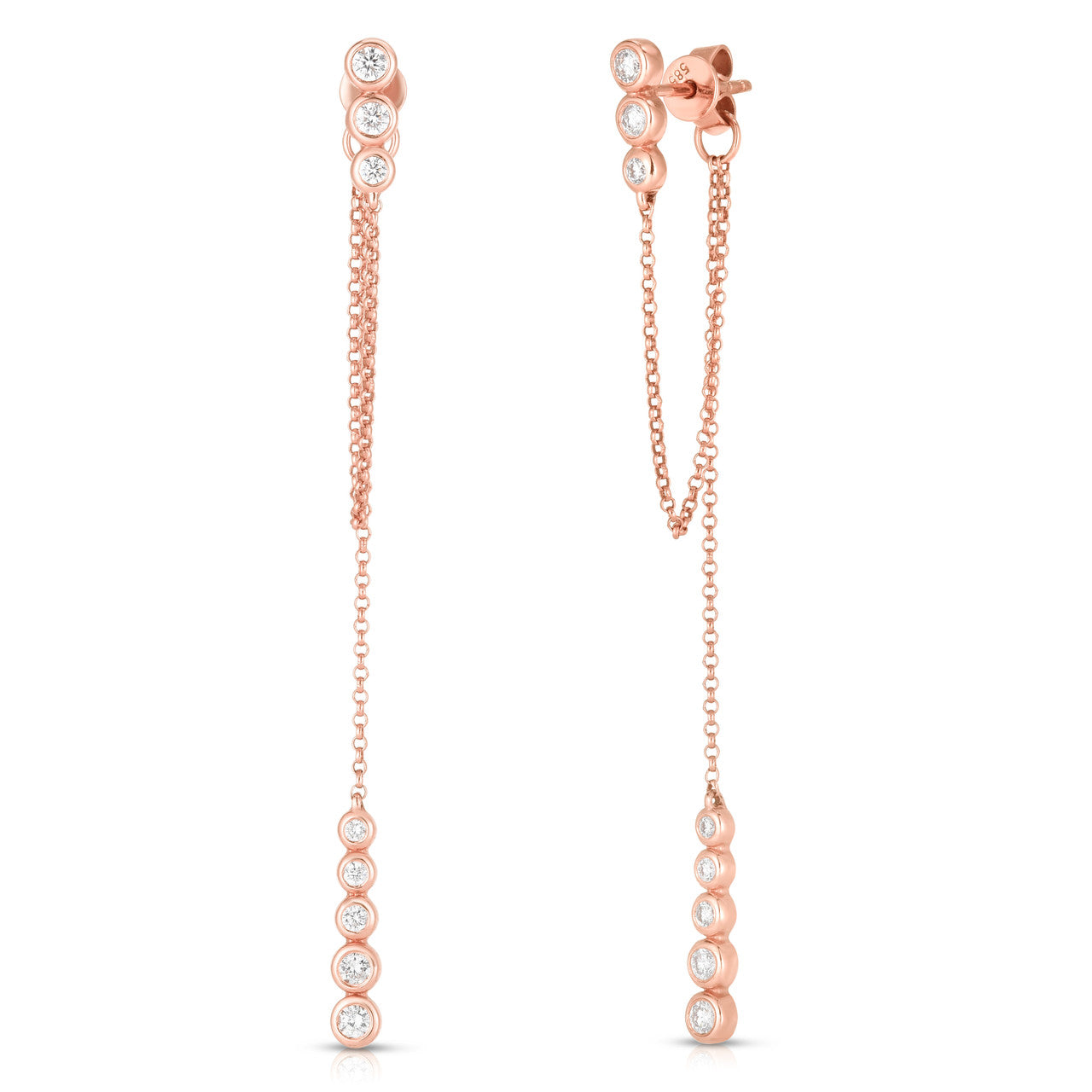 Dainty Diamond and Chain Drop Earrings, 14k rose gold, 0.4 carats - Urbaetis Fine Jewelry