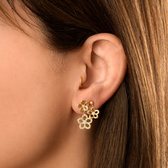 Gold and Diamond Double Flower Dangle Earrings, 14K Yellow Gold- URBAETIS Fine Jewelry