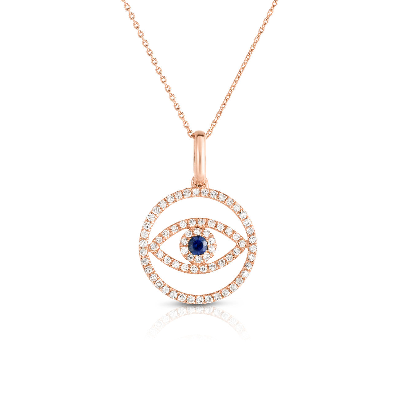 Evil Eye Medallion Necklace, 14 k rose gold with diamonds and sapphire - Urbaetis Fine Jewelry