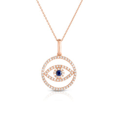 Evil Eye Medallion Necklace, 14 k rose gold with diamonds and sapphire - Urbaetis Fine Jewelry