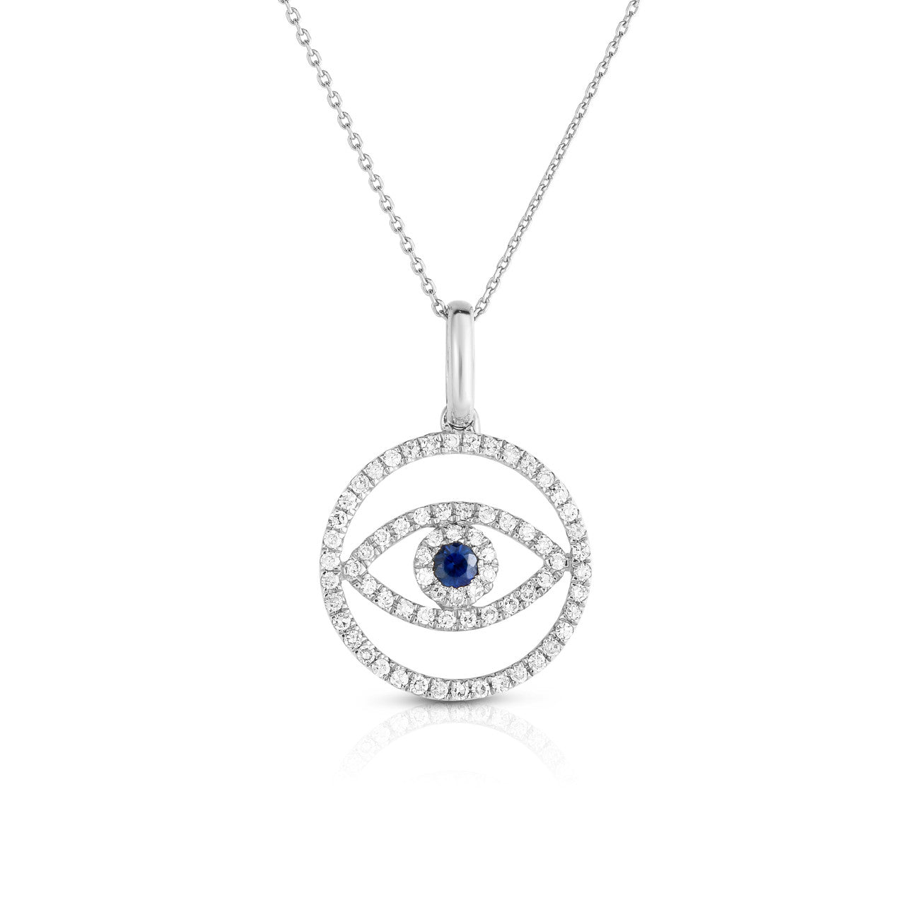 Evil Eye Medallion Necklace, 14 k white gold with diamonds and sapphire - Urbaetis Fine Jewelry