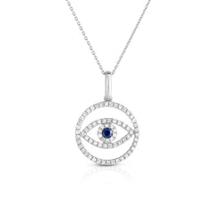 Evil Eye Medallion Necklace, 14 k white gold with diamonds and sapphire - Urbaetis Fine Jewelry