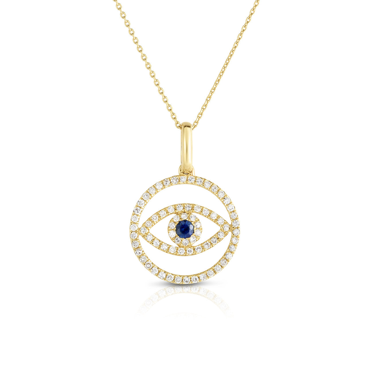 Evil Eye Medallion Necklace, 14 k yellow gold with diamonds and sapphire - Urbaetis Fine Jewelry
