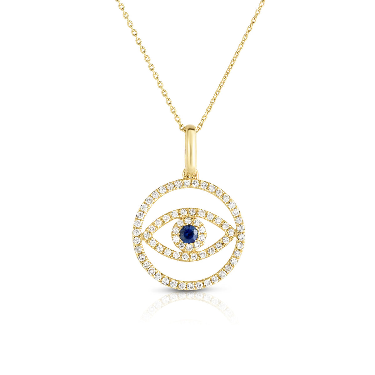 Evil Eye Medallion Necklace, 14 k yellow gold with diamonds and sapphire - Urbaetis Fine Jewelry