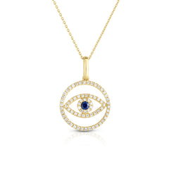 Evil Eye Medallion Necklace, 14 k yellow gold with diamonds and sapphire - Urbaetis Fine Jewelry