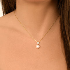 Emerald Illusion Diamond and Pearl Drop Necklace, 14K Yellow Gold- URBAETIS Fine Jewelry