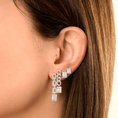 Double Chain Earrings with Emerald illusion Diamonds, 14K White Gold- URBAETIS Fine Jewelry