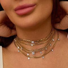 TriBeCa Emerald Diamond Cluster Curb Chain Necklace, 14k yellow gold - Urbaetis Fine Jewelry