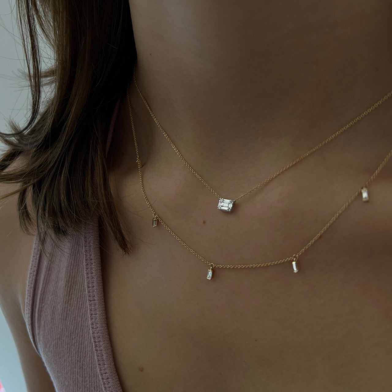 Baguette Diamond Drop Station Necklace, 14K Yellow Gold- URBAETIS Fine Jewelry