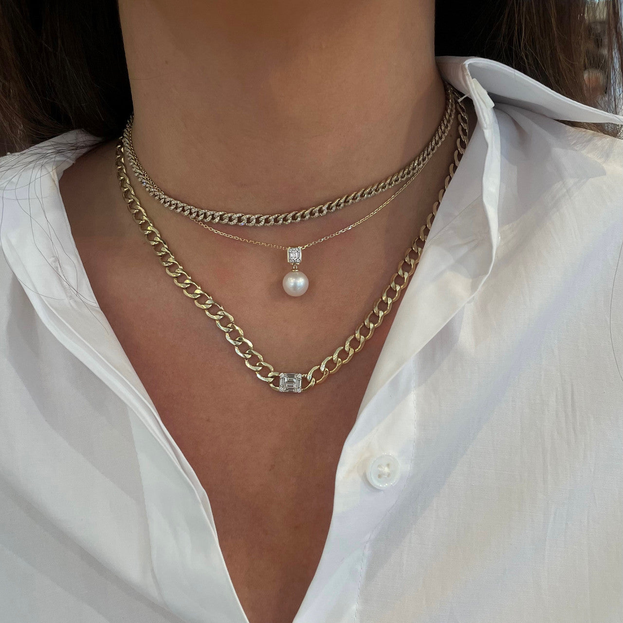 Emerald Illusion Diamond and Pearl Drop Necklace, 14K Yellow Gold- URBAETIS Fine Jewelry