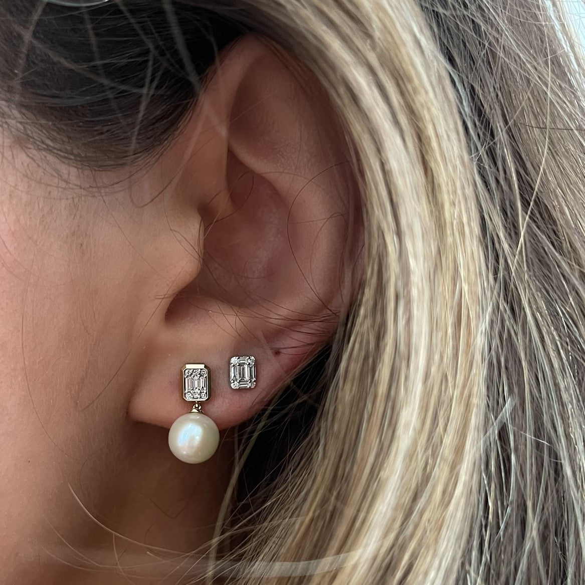 Emerald Illusion Diamond and Pearl Drop Earrings, 14K Yellow Gold- URBAETIS Fine Jewelry