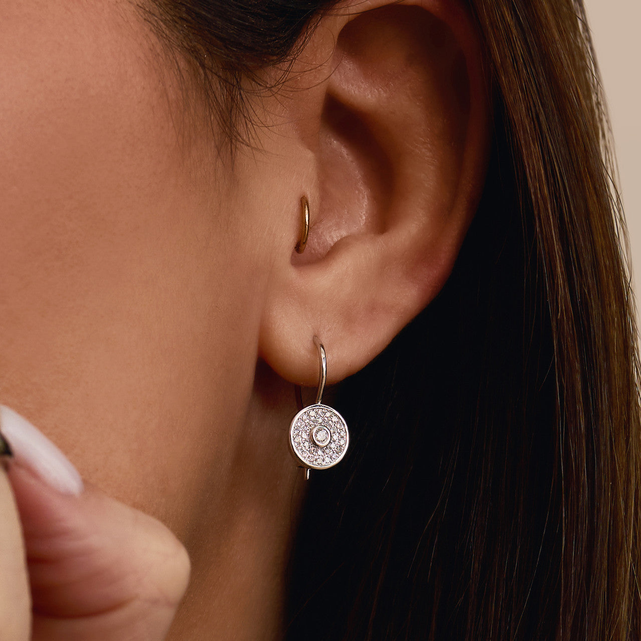 Pave and Round Diamond Earrings, 14K Yellow Gold- URBAETIS Fine Jewelry