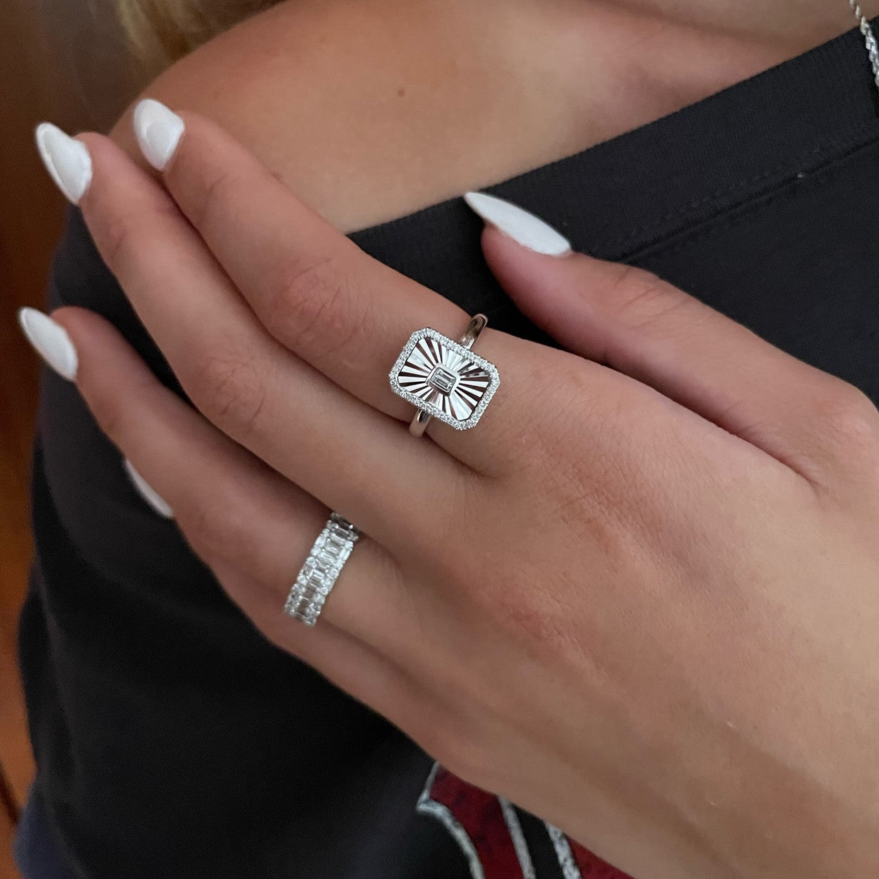 Fluted Baguette and Pave Diamond Ring, 14K White Gold, 0.2 carats- URBAETIS Fine Jewelry