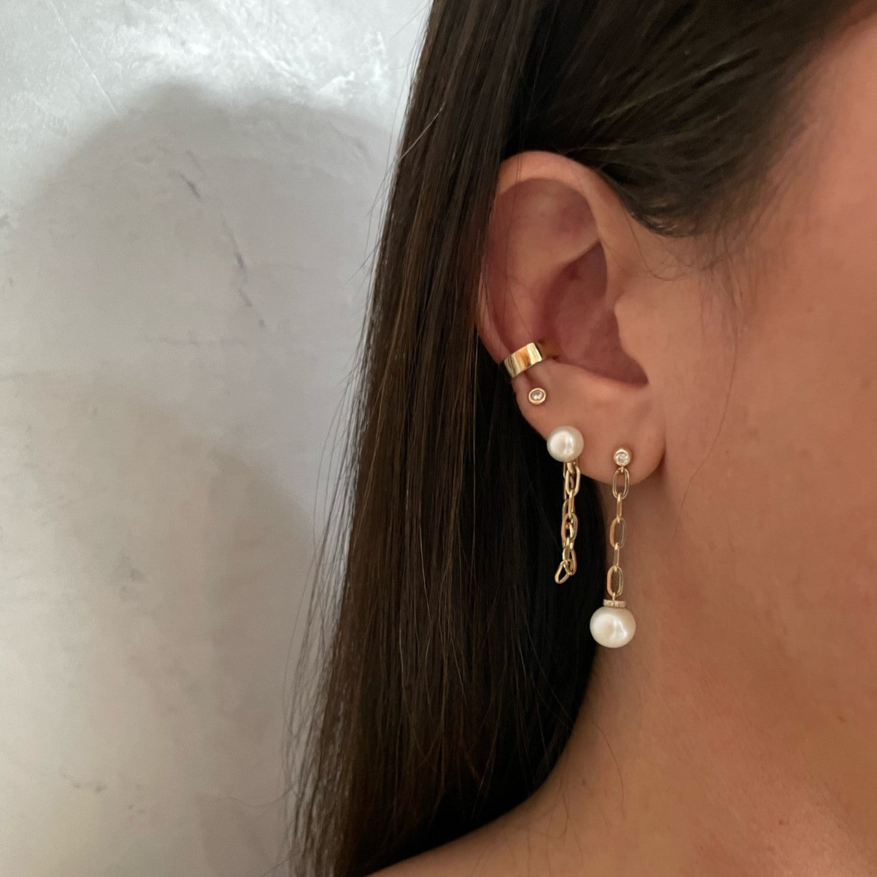 Diamond and Pearl Long Link Drop Earrings, 14K Yellow Gold- URBAETIS Fine Jewelry