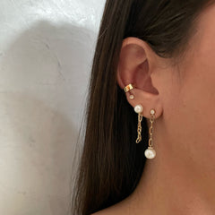 Diamond and Pearl Long Link Drop Earrings, 14K Yellow Gold- URBAETIS Fine Jewelry