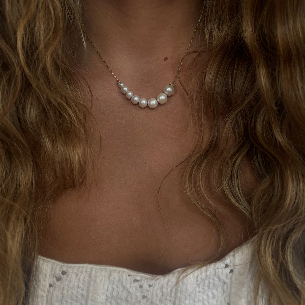 Graduated Pearl and Diamond Necklace, 14K Yellow Gold- URBAETIS Fine Jewelry