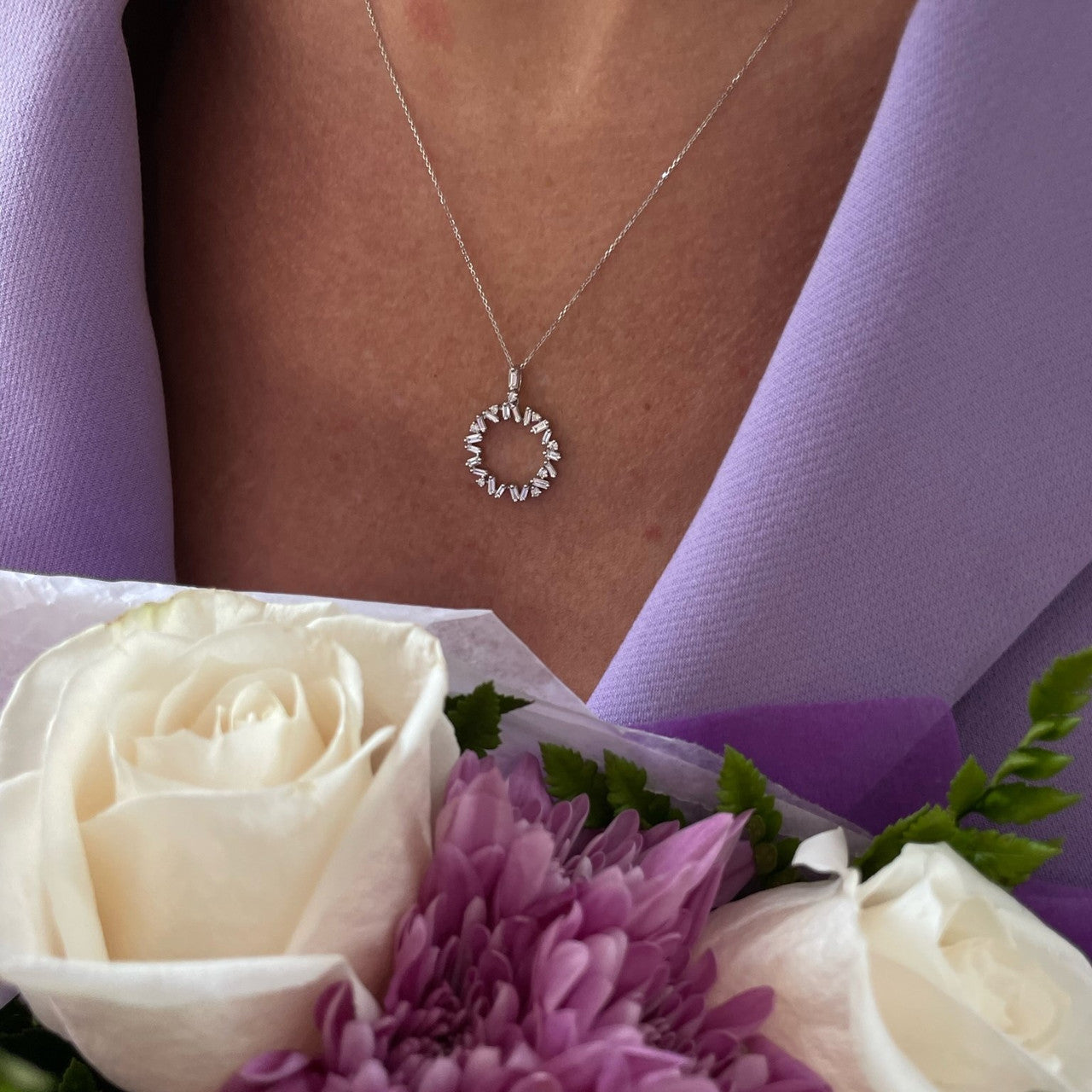 Baguette and Round Diamond Circle Pendant, 14K White Gold, 27 Diamonds totaling 0.56 carats- URBAETIS Fine Jewelry