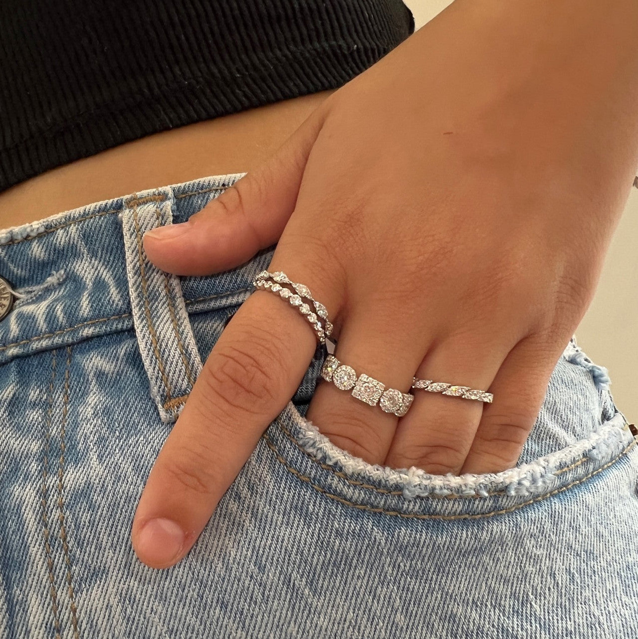 Mixed Square Shape and Round Diamond Cluster 1/2 Eternity Ring, 14k white gold - Urbaetis Fine Jewelry