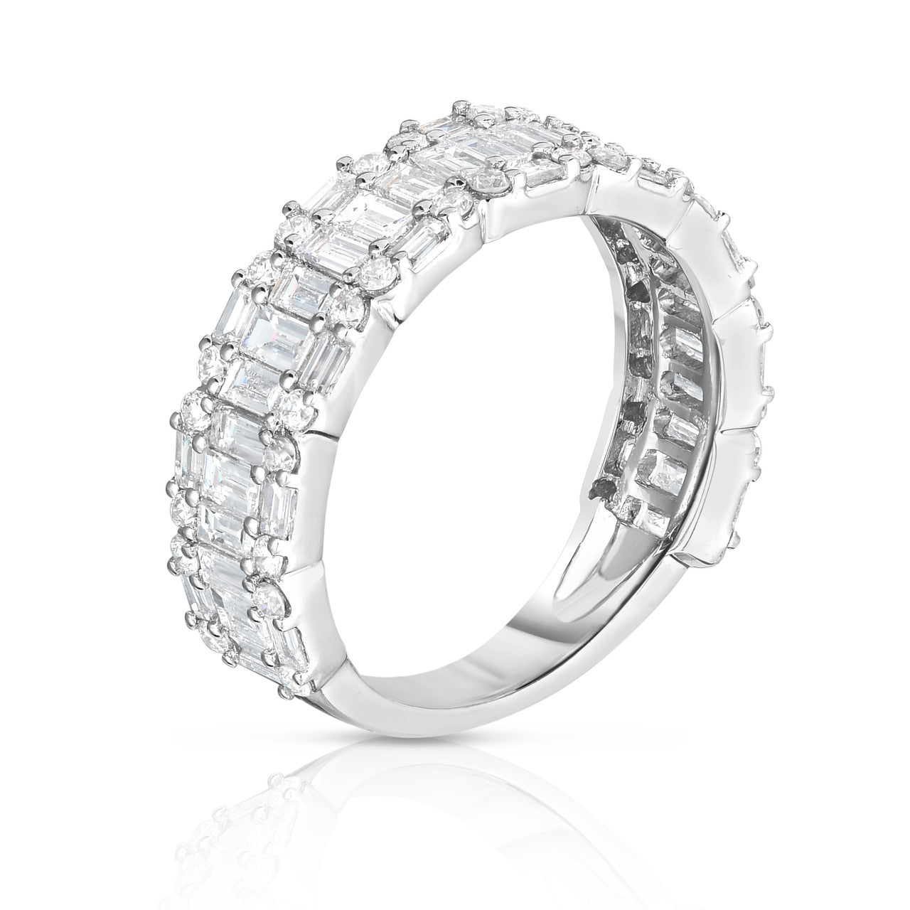 Illusion Emerald Diamond 1/2 Eternity Ring, round and baguette diamonds cluster to create the illusion of single emerald cut diamonds. 14k white gold - Urbaetis Fine Jewelry