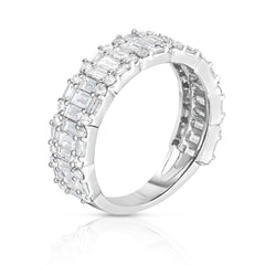 Illusion Emerald Diamond 1/2 Eternity Ring, round and baguette diamonds cluster to create the illusion of single emerald cut diamonds. 14k white gold - Urbaetis Fine Jewelry