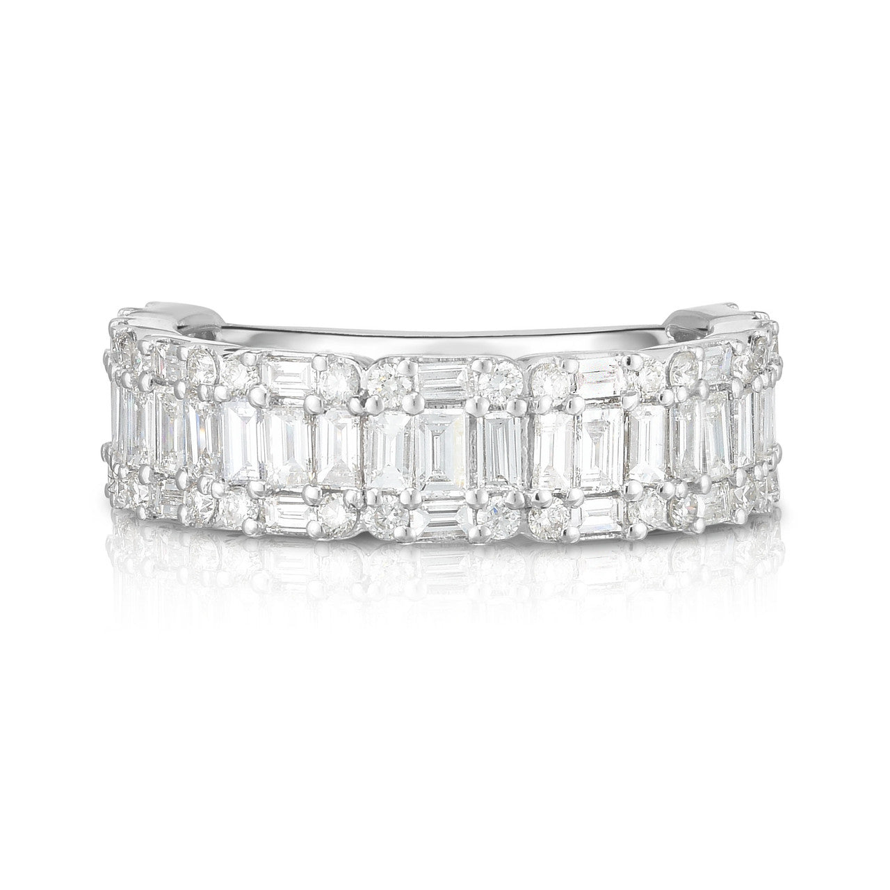 Illusion Emerald Diamond 1/2 Eternity Ring, round and baguette diamonds cluster to create the illusion of single emerald cut diamonds. 14k white gold - Urbaetis Fine Jewelry