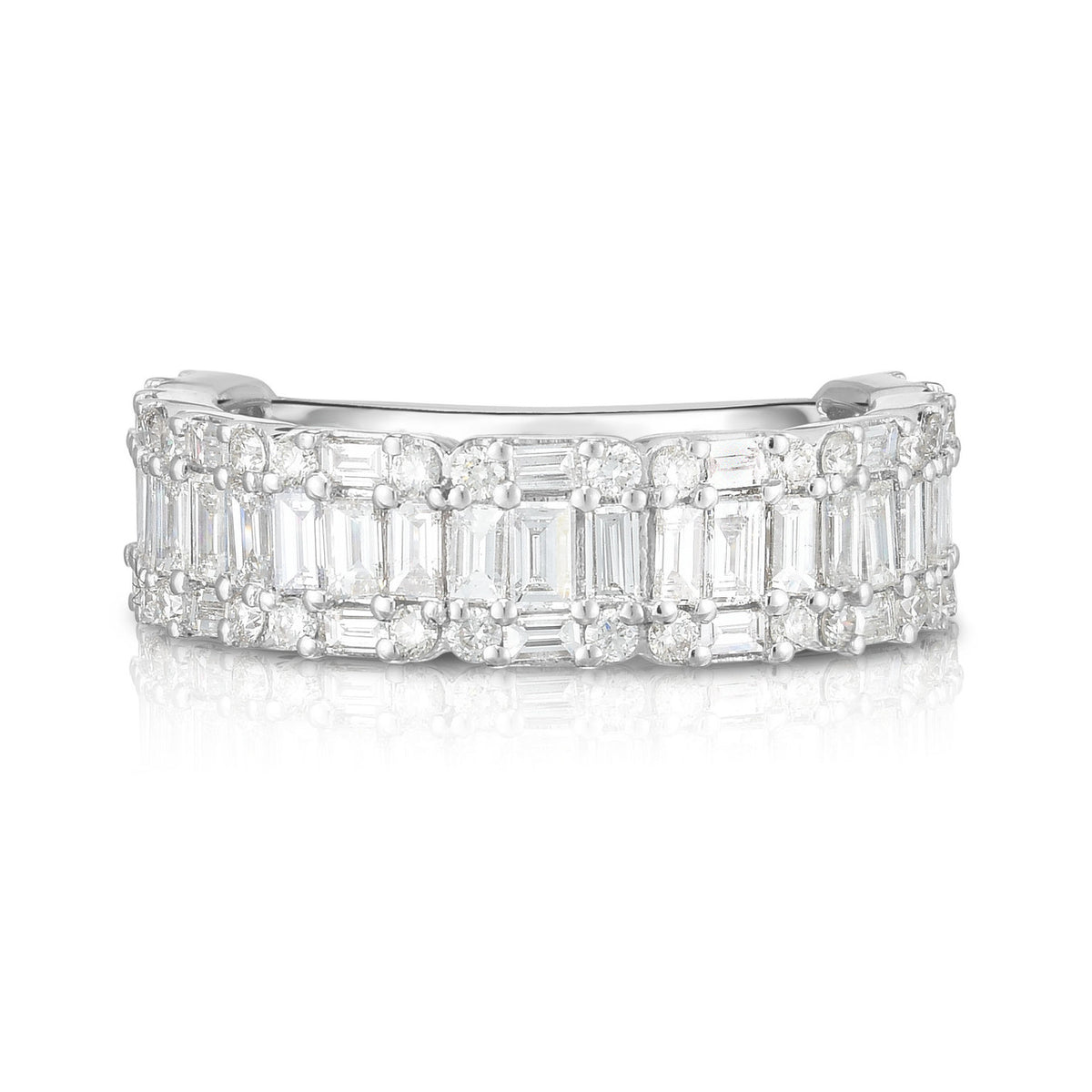 Illusion Emerald Diamond 1/2 Eternity Ring, round and baguette diamonds cluster to create the illusion of single emerald cut diamonds. 14k white gold - Urbaetis Fine Jewelry