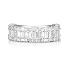 Illusion Emerald Diamond 1/2 Eternity Ring, round and baguette diamonds cluster to create the illusion of single emerald cut diamonds. 14k white gold - Urbaetis Fine Jewelry