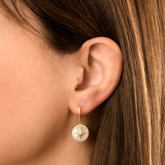 Mother Of Pearl Star Medallion Diamond Huggies, 14K Yellow gold- URBAETIS Fine Jewelry