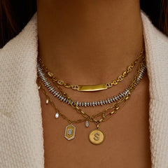 Puffed Mariner and Diamond ID Necklace, 14K Yellow Gold- URBAETIS Fine Jewelry