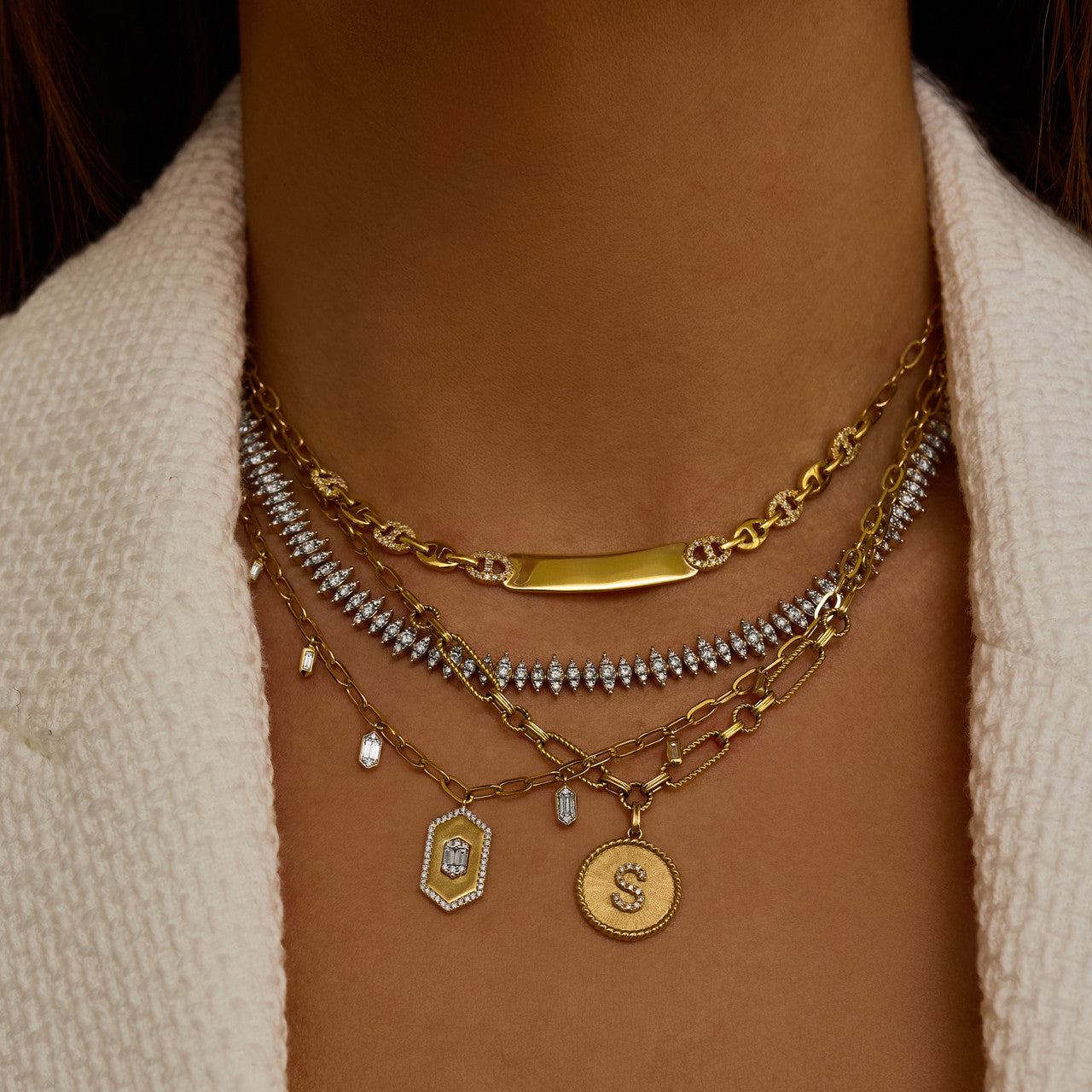 Hexagon Diamond Dangle Necklace, 14k yellow gold - URBAETIS Fine Jewelry