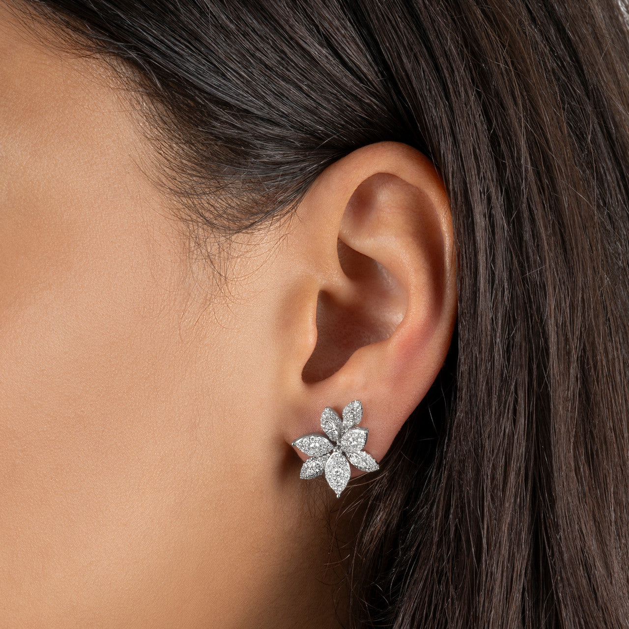 Pave Diamond Flower Earrings, 14k white gold- URBAETIS Fine Jewelry