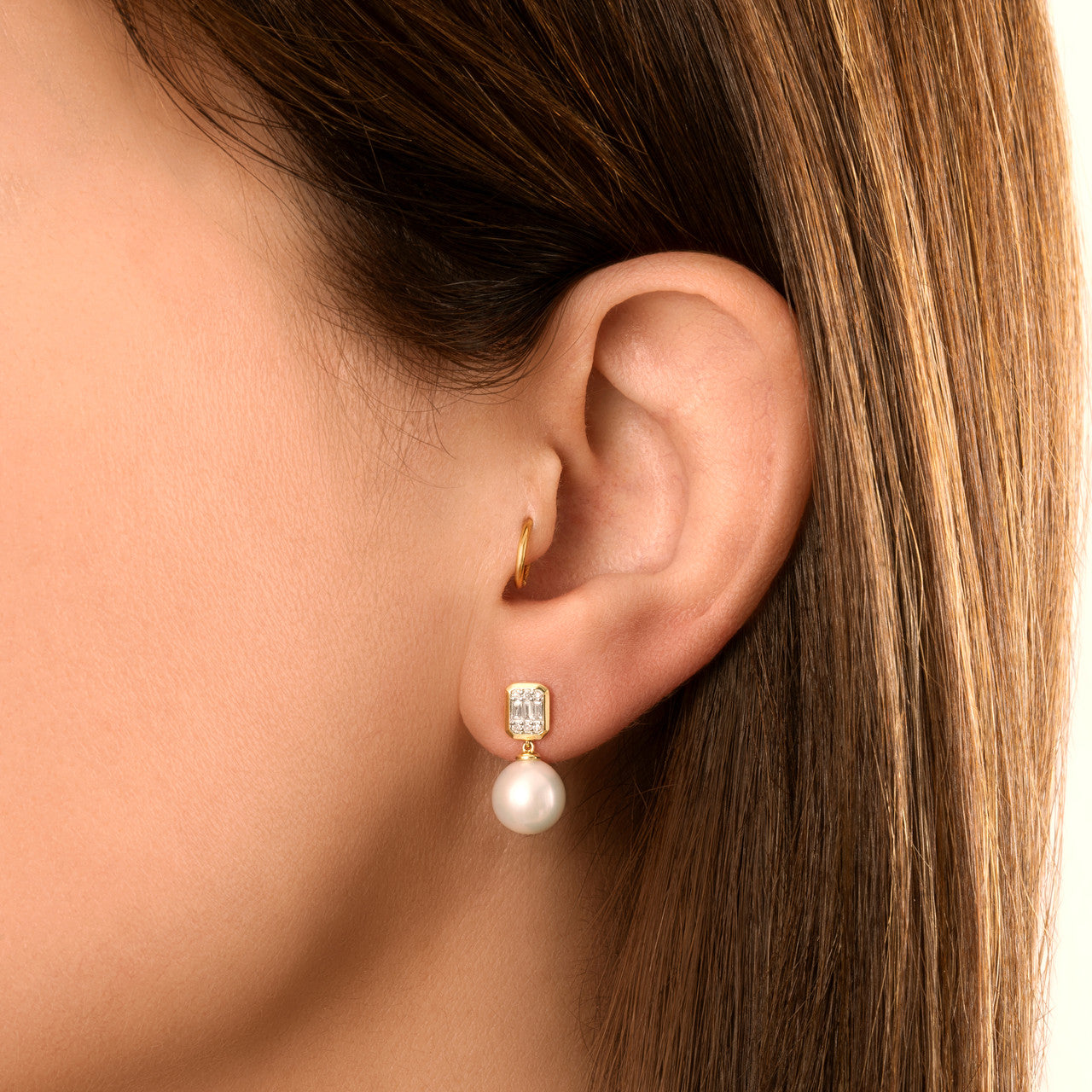 Emerald Illusion Diamond and Pearl Drop Earrings, 14K Yellow Gold- URBAETIS Fine Jewelry