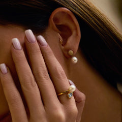 Pearl and Emerald Illusion Diamond Bypass Ring, 14K Yellow Gold- URBAETIS Fine Jewelry