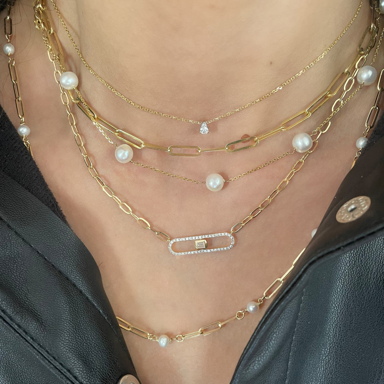 Pearl Station Necklace, 14K Yellow Gold- URBAETIS Fine Jewelry