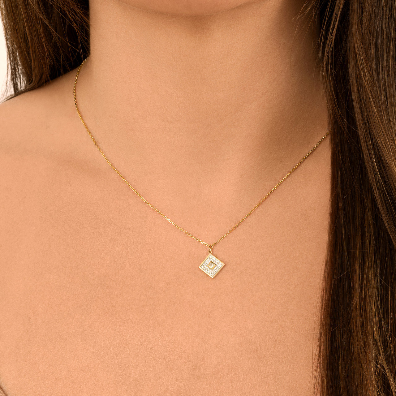 Pave' and Princess Diamond Necklace, 14K Yellow Gold- URBAETIS Fine Jewelry