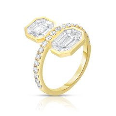 Asscher and Emerald Diamond Illusion Statement Ring, 14k yellow gold - URBAETIS Fine Jewelry